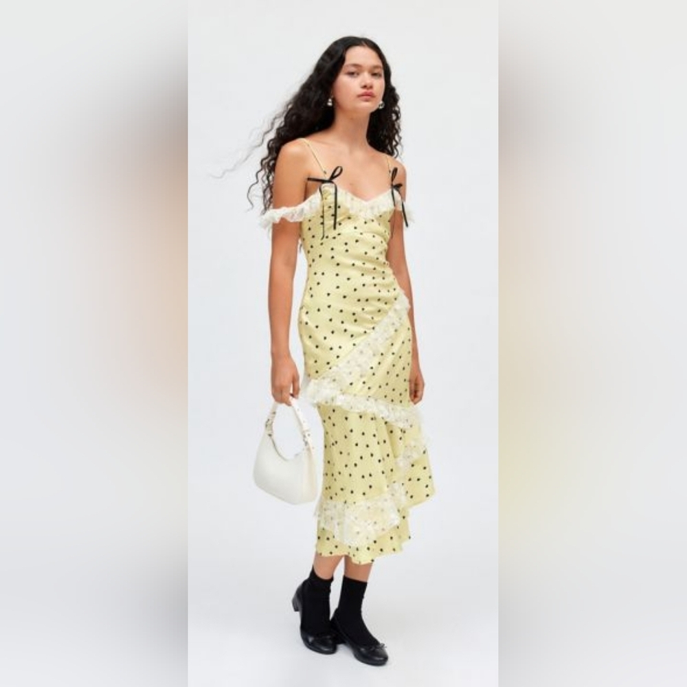 Kimchi Blue Satin Off The Shoulder Lace Trim Polka Dot Slip Dress